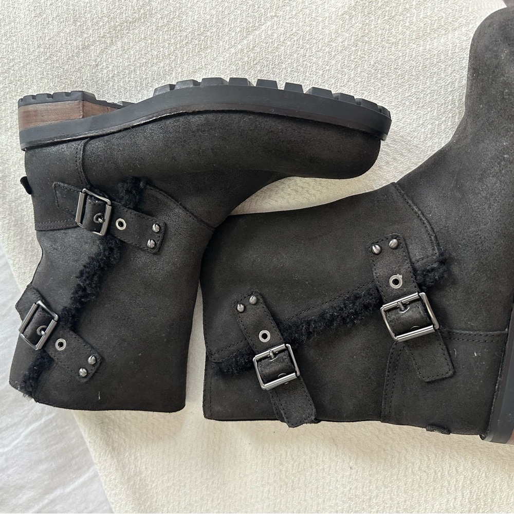 NEW UGG Black Suede Winter Boots with Buckle Zipper Accent